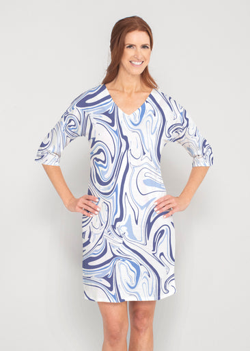 Swirly Blue (8076) ~ Drop Shoulder 3/4 Sleeve V-Neck Dress
