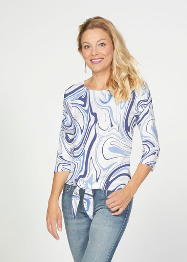 Swirly Blue (8076) ~ French Terry Tie 3/4 Sleeve Top