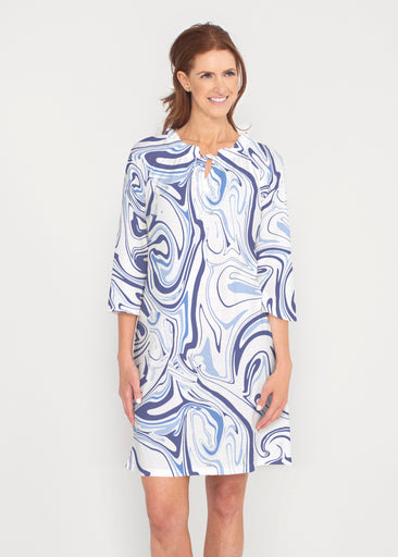 Swirly Blue (8076) ~ Gathered Neck Bell Sleeve Dress