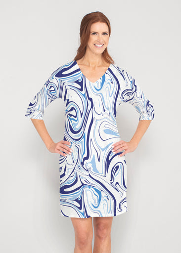 Swirly Blue (8076) ~ Lucy 3/4 Sleeve V-Neck Dress