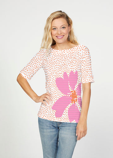 Daisy Dots Pink (8079) ~ Banded Elbow Sleeve Boat Neck Top