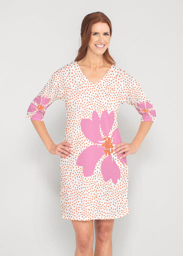 Daisy Dots Pink (8079) ~ Drop Shoulder 3/4 Sleeve V-Neck Dress