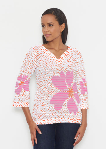 Daisy Dots Pink (8079) ~ Banded 3/4 Bell-Sleeve V-Neck Tunic