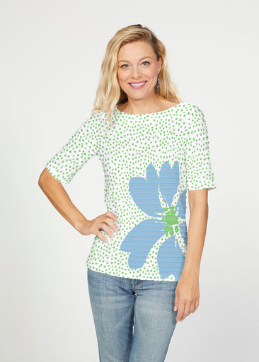 Daisy Dots Blue (8081) ~ Banded Elbow Sleeve Boat Neck Top