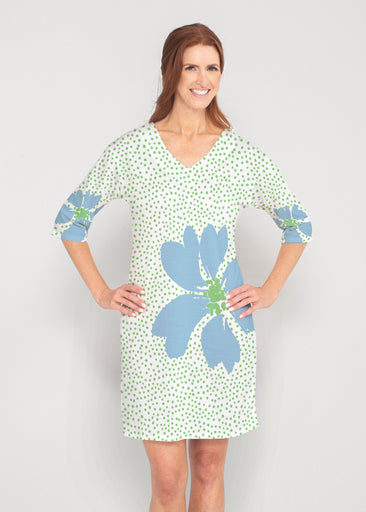 Daisy Dots Blue (8081) ~ Drop Shoulder 3/4 Sleeve V-Neck Dress