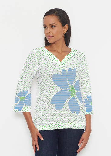 Daisy Dots Blue (8081) ~ Banded 3/4 Bell-Sleeve V-Neck Tunic