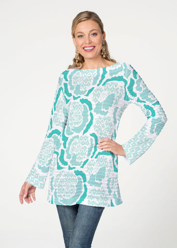 Peonies Aqua (8082) ~ Banded Boatneck Tunic