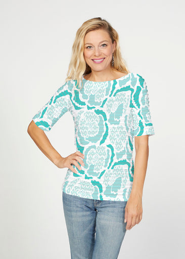 Peonies Aqua (8082) ~ Banded Elbow Sleeve Boat Neck Top