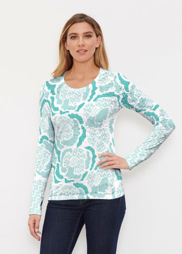 Peonies Aqua (8082) ~ Thermal Long Sleeve Crew Shirt