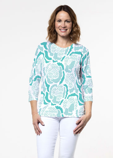 Peonies Aqua (8082) ~ Signature 3/4 Sleeve Crew Neck Top