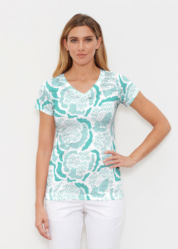 Peonies Aqua (8082) ~ Signature Cap Sleeve V-Neck Shirt