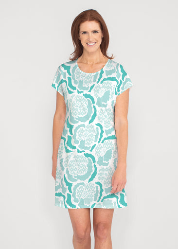 Peonies Aqua (8082) ~ French Terry Short Sleeve Crew Dress