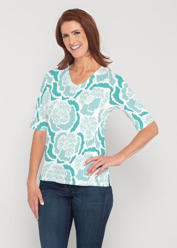 Peonies Aqua (8082) ~ Signature Elbow Sleeve V-Neck Top