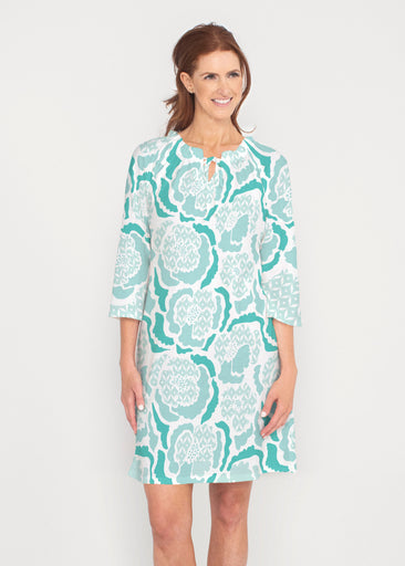Peonies Aqua (8082) ~ Gathered Neck Bell Sleeve Dress