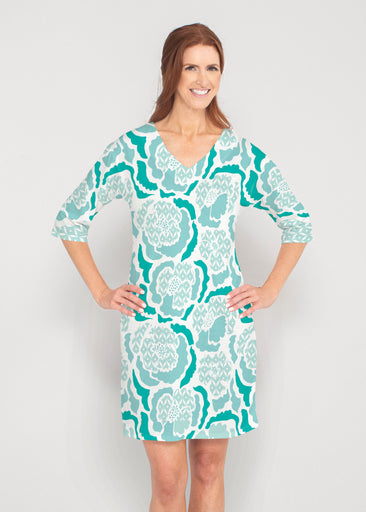 Peonies Aqua (8082) ~ Lucy 3/4 Sleeve V-Neck Dress