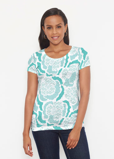 Peonies Aqua (8082) ~ Short Sleeve Scoop Shirt