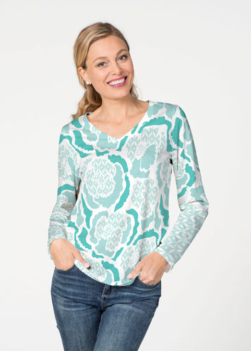 Peonies Aqua (8082) ~ French Terry V-neck Top