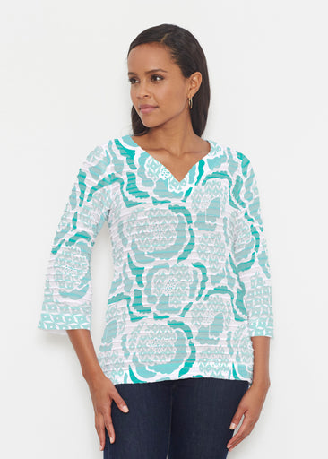 Peonies Aqua (8082) ~ Banded 3/4 Bell-Sleeve V-Neck Tunic