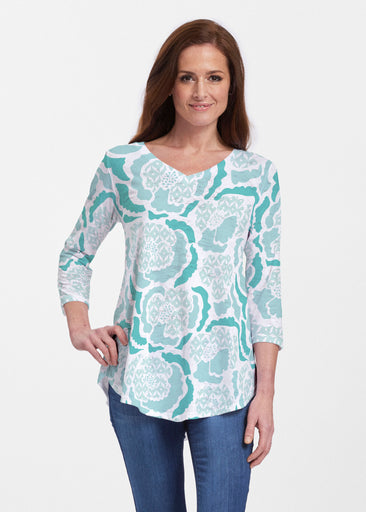 Peonies Aqua (8082) ~ V-neck Flowy Tunic
