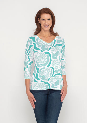 Peonies Aqua (8082) ~ Signature 3/4 Sleeve V-Neck Top