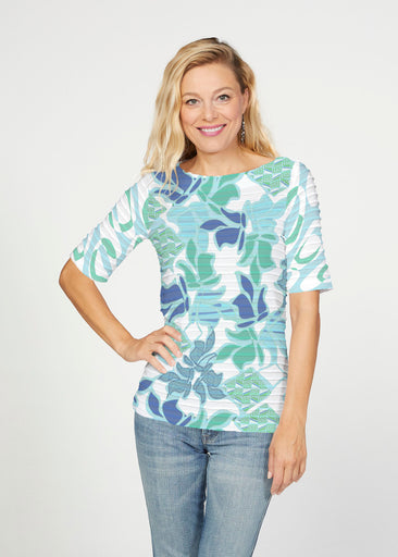 Sail Blue (8087) ~ Banded Elbow Sleeve Boat Neck Top