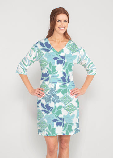 Sail Blue (8087) ~ Drop Shoulder 3/4 Sleeve V-Neck Dress