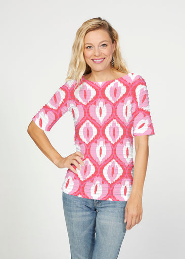 Ikat Buds Red/Pink (8096) ~ Banded Elbow Sleeve Boat Neck Top