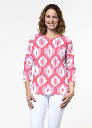 Ikat Buds Red/Pink (8096) ~ Signature 3/4 Sleeve Crew Neck Top