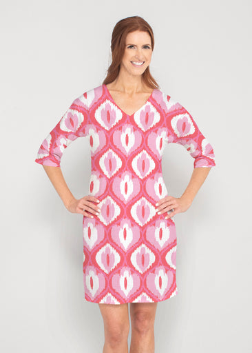 Ikat Buds Red/Pink (8096) ~ Drop Shoulder 3/4 Sleeve V-Neck Dress