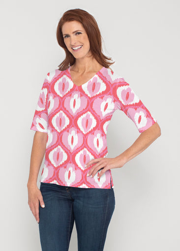 Ikat Buds Red/Pink (8096) ~ Signature Elbow Sleeve V-Neck Top