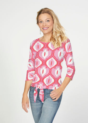 Ikat Buds Red/Pink (8096) ~ French Terry Tie 3/4 Sleeve Top