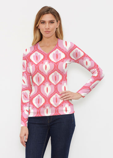 Ikat Buds Red/Pink (8096) ~ Butterknit Long Sleeve V-Neck Top