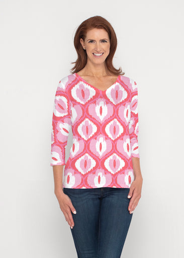Ikat Buds Red/Pink (8096) ~ Signature 3/4 Sleeve V-Neck Top