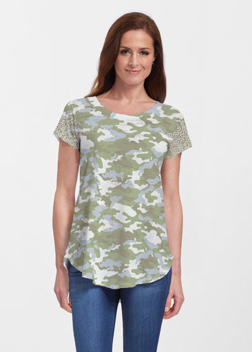 Camo-Floral Green (9239) ~ Signature Short Sleeve Scoop Neck Flowy Tunic