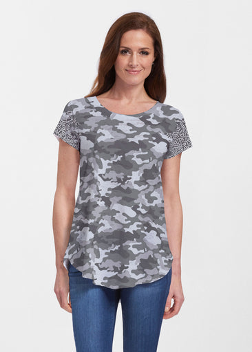 Camo-Floral Grey (9240) ~ Signature Short Sleeve Scoop Neck Flowy Tunic